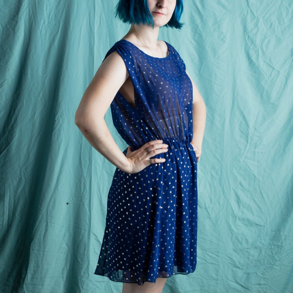 DEB | Blue Dress with Gold Polka Dots - Picture 2 of 3